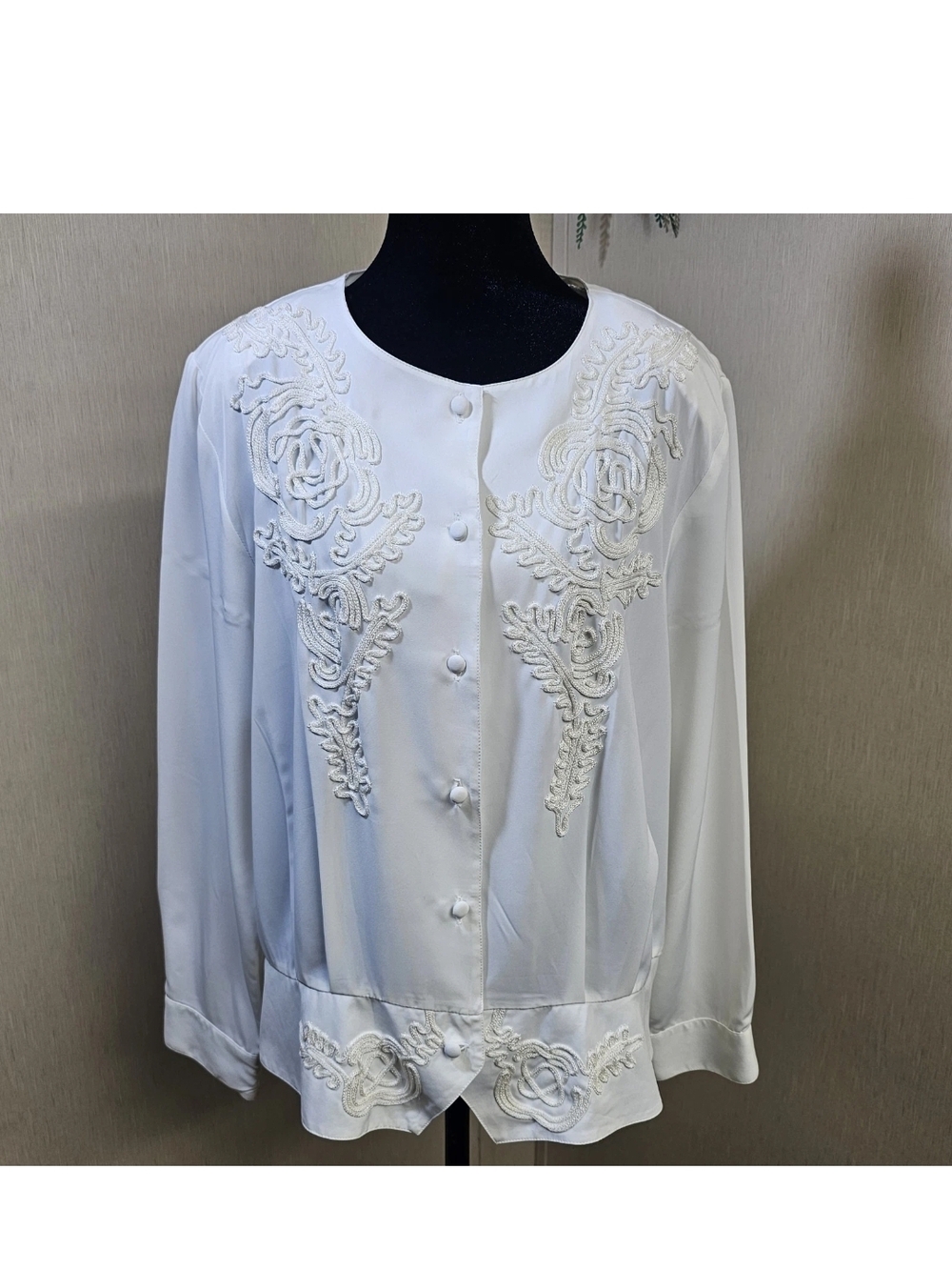 Kathy Che Vintage Sheer Embroidered Blouse Jacket Size 16 Ivory Button Front